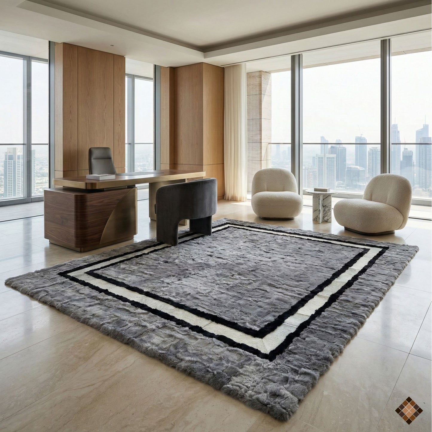Handmade Gray Rabbit Fur Area Rug with Black & White Border