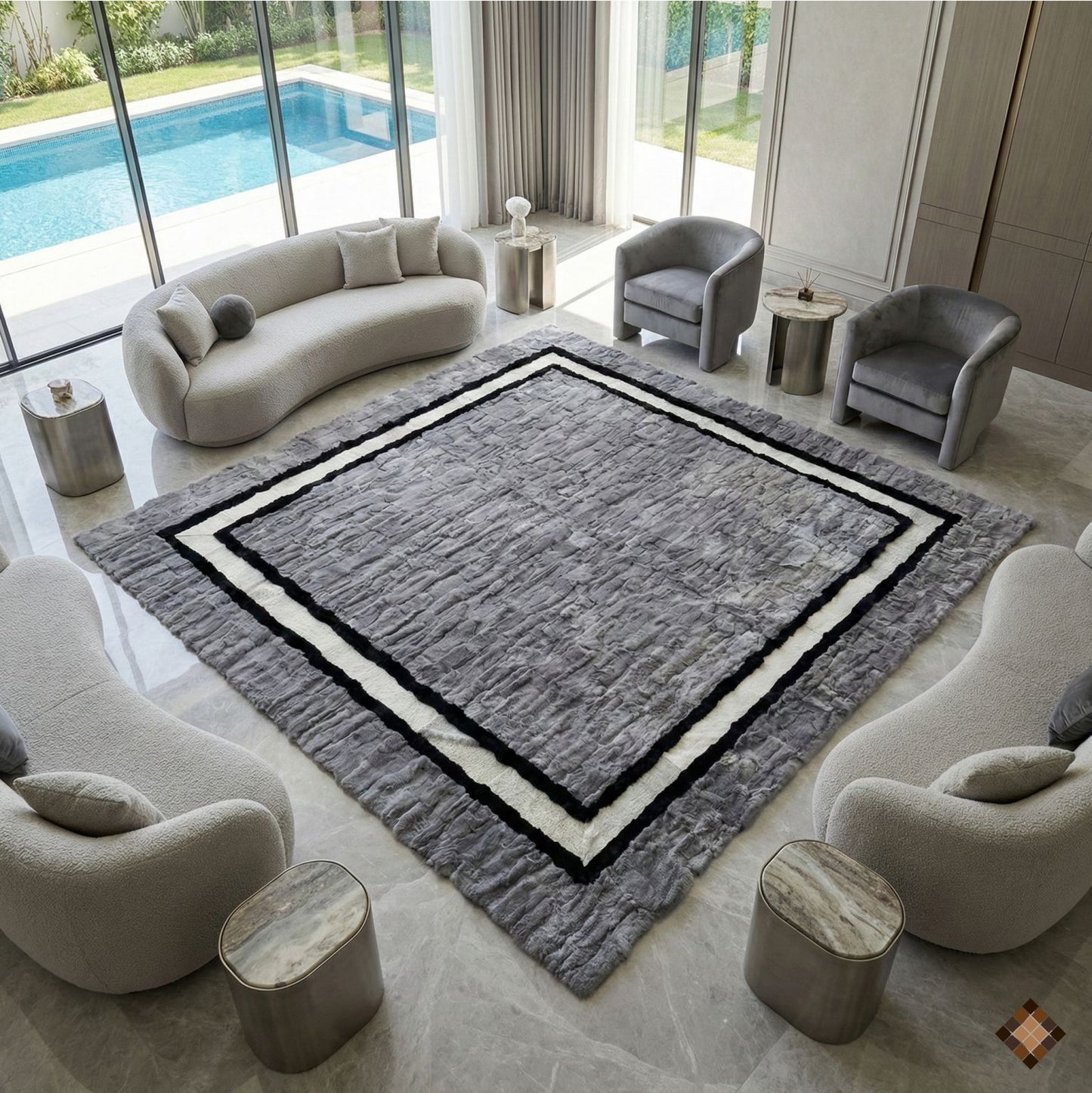 Handmade Gray Rabbit Fur Area Rug with Black & White Border
