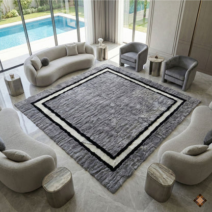 Handmade Gray Rabbit Fur Area Rug with Black & White Border