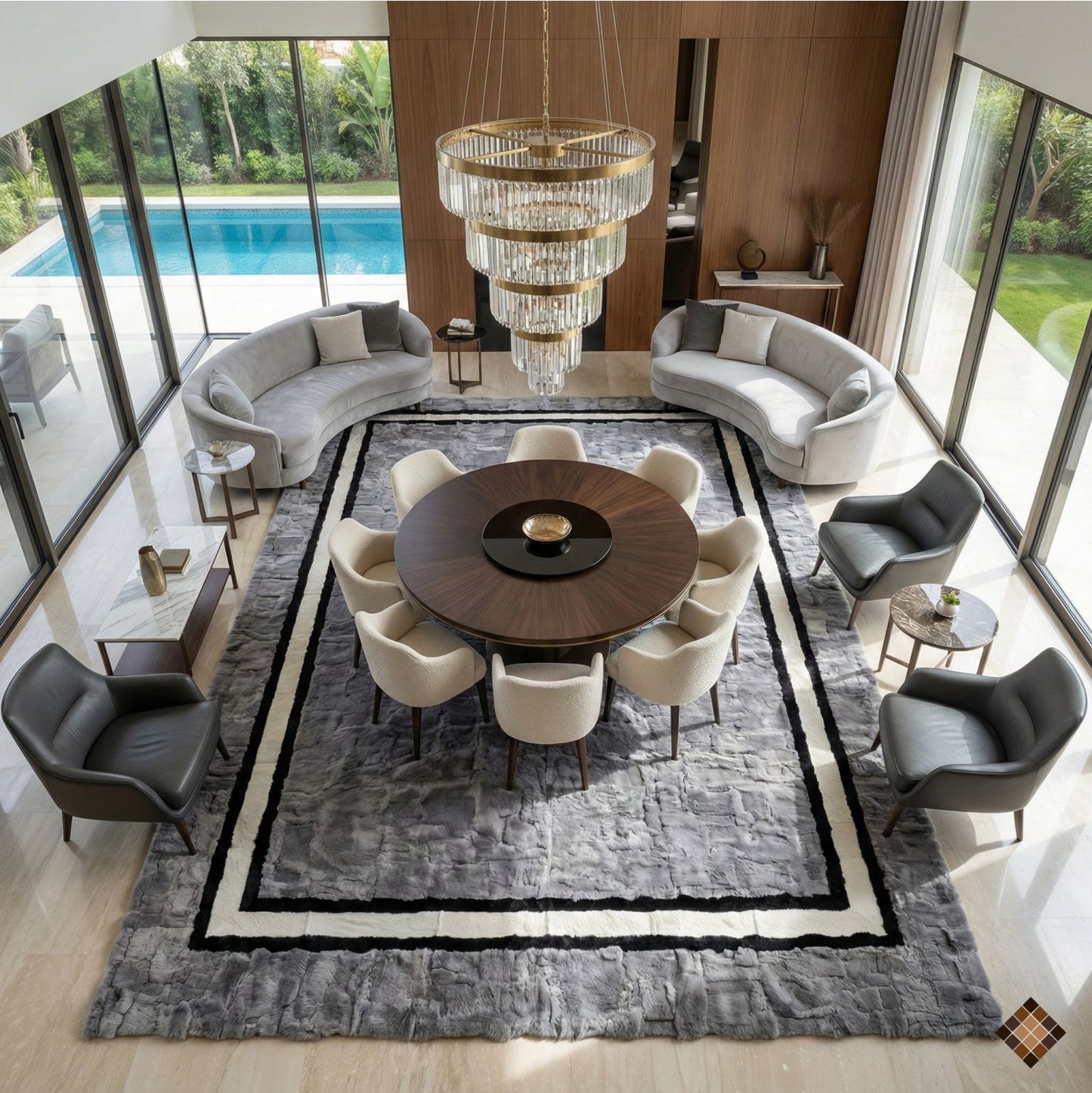 Handmade Gray Rabbit Fur Area Rug with Black & White Border