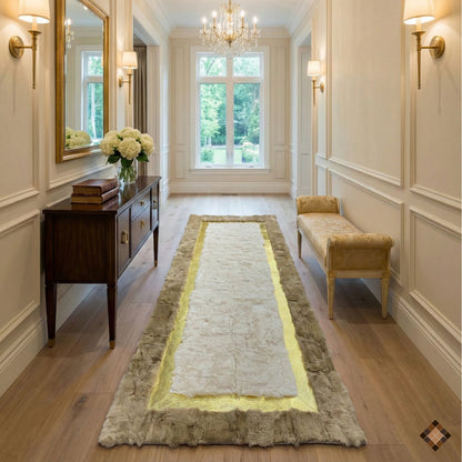 Handcrafted Ivory Rabbit Fur Rug with Elegant Framed Design