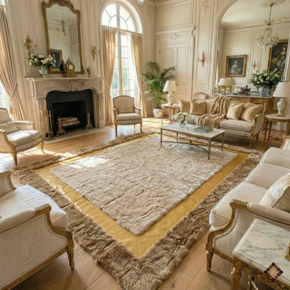 Handcrafted Ivory Rabbit Fur Rug with Elegant Framed Design