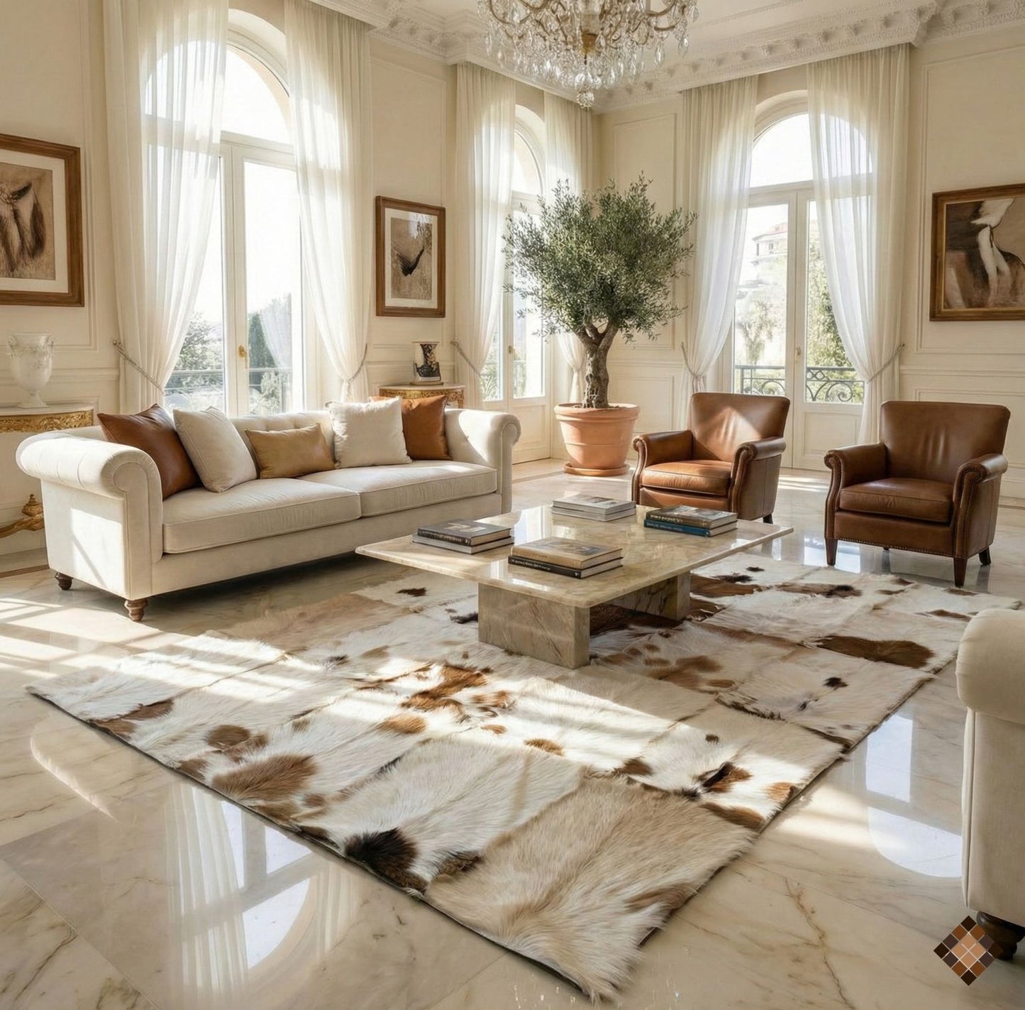 Handcrafted Natural Goatskin Area Rug with Organic Pattern