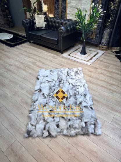 Handmade Elegant White And Gray Real Fox Fur Living Room Rug