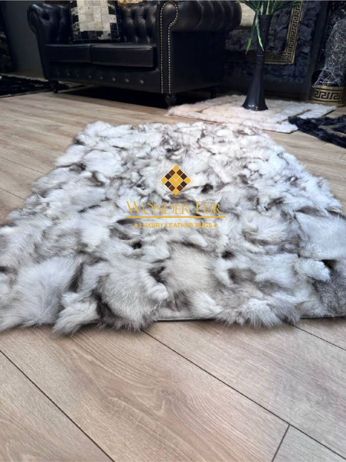 Handmade Elegant White And Gray Real Fox Fur Living Room Rug