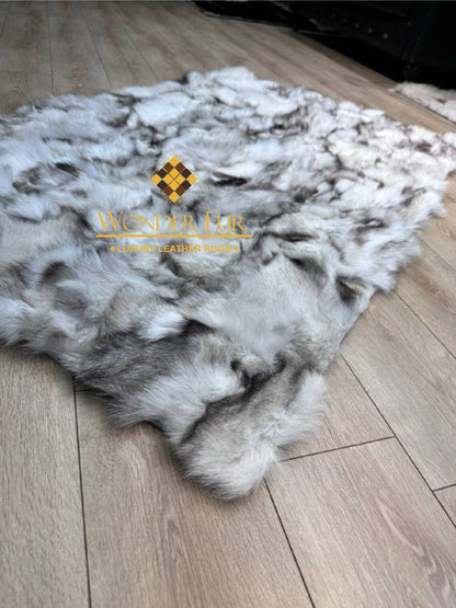 Handmade Elegant White And Gray Real Fox Fur Living Room Rug