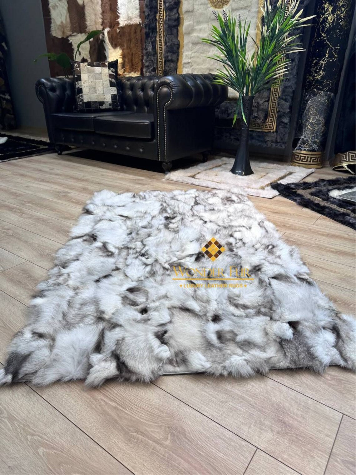 Handmade Elegant White And Gray Real Fox Fur Living Room Rug