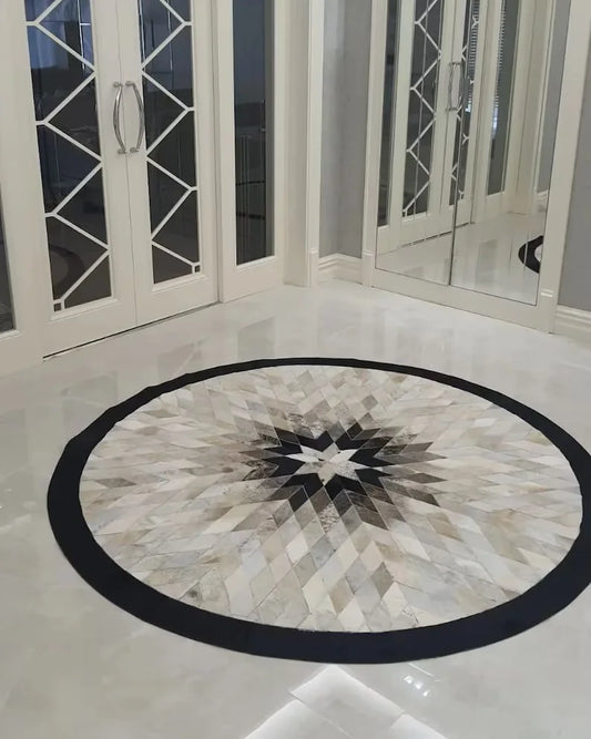 Handmade Genuine Cowhide Round Rug, Luxury Geometric Patchwork Rug, Circular Carpet