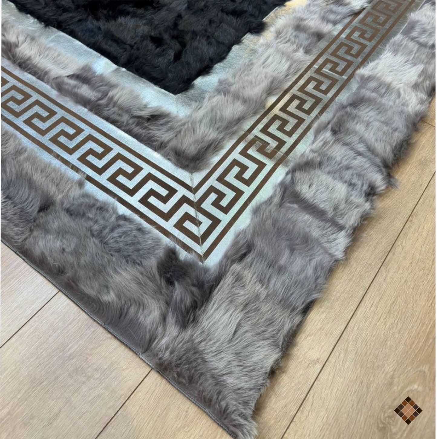 Handmade Genuine Sheepskin Area Rug with Black Center and Silver Border