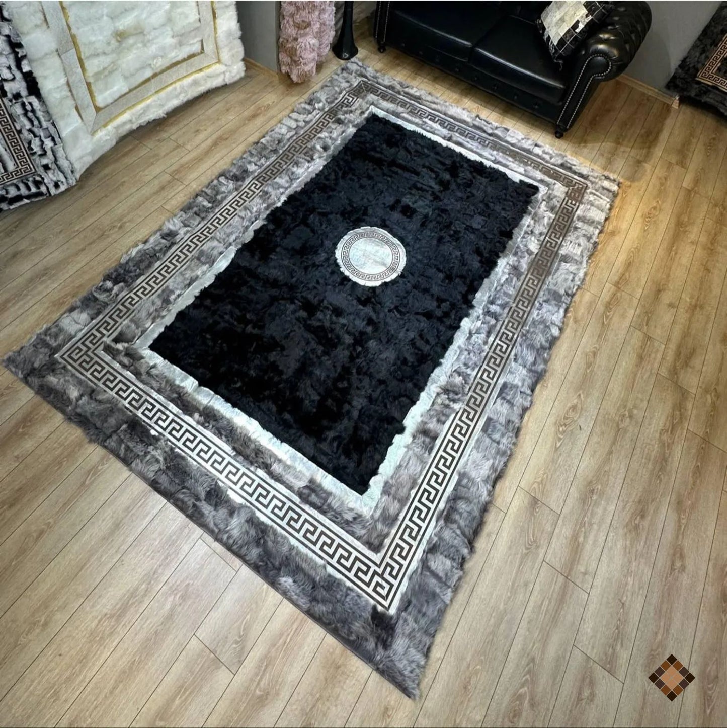 Handmade Genuine Sheepskin Area Rug with Black Center and Silver Border