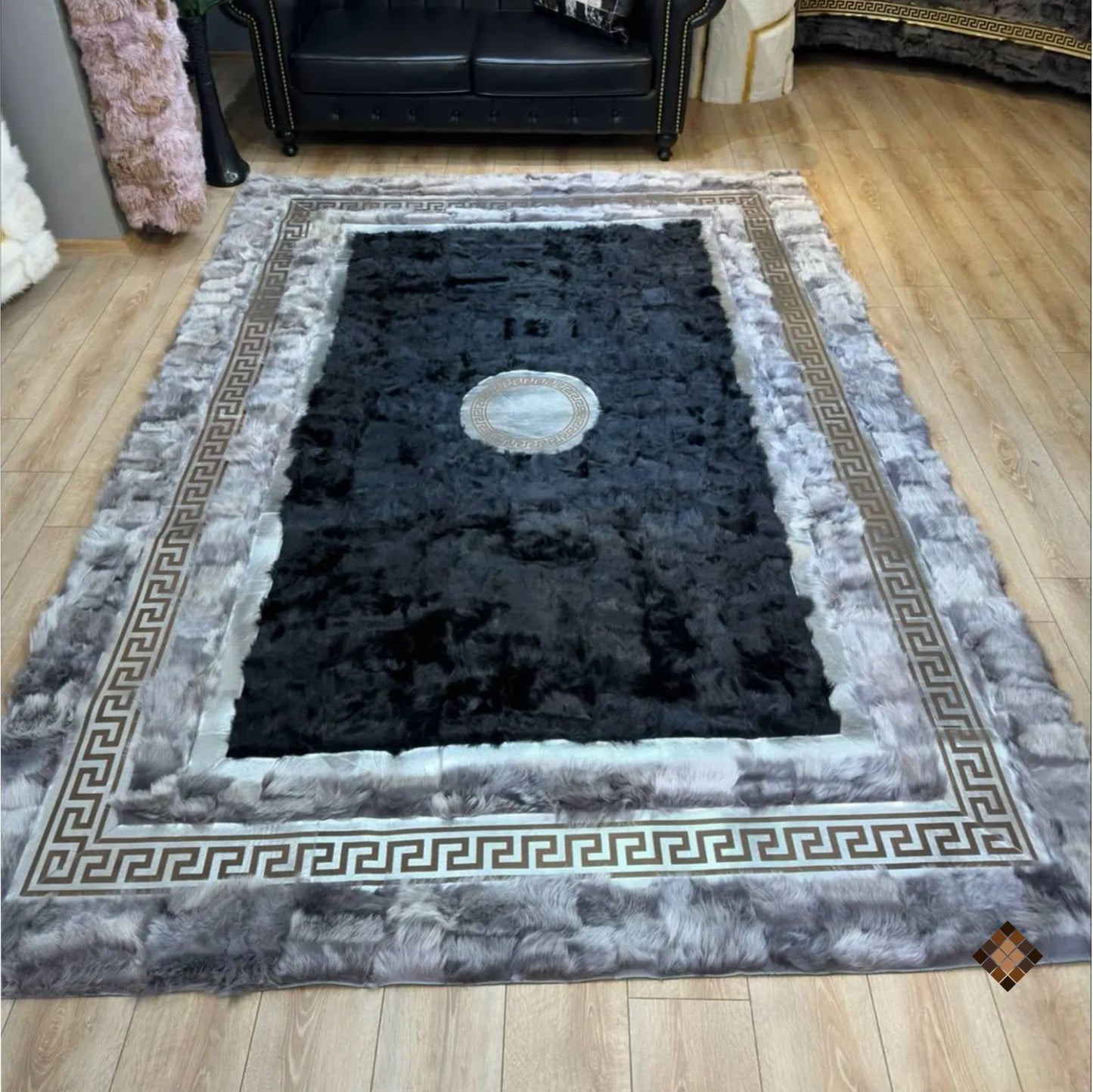 Handmade Genuine Sheepskin Area Rug with Black Center and Silver Border