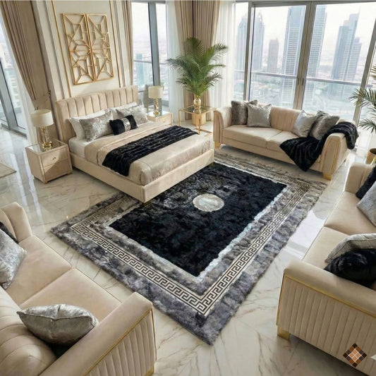 Handmade Genuine Sheepskin Area Rug with Black Center and Silver Border