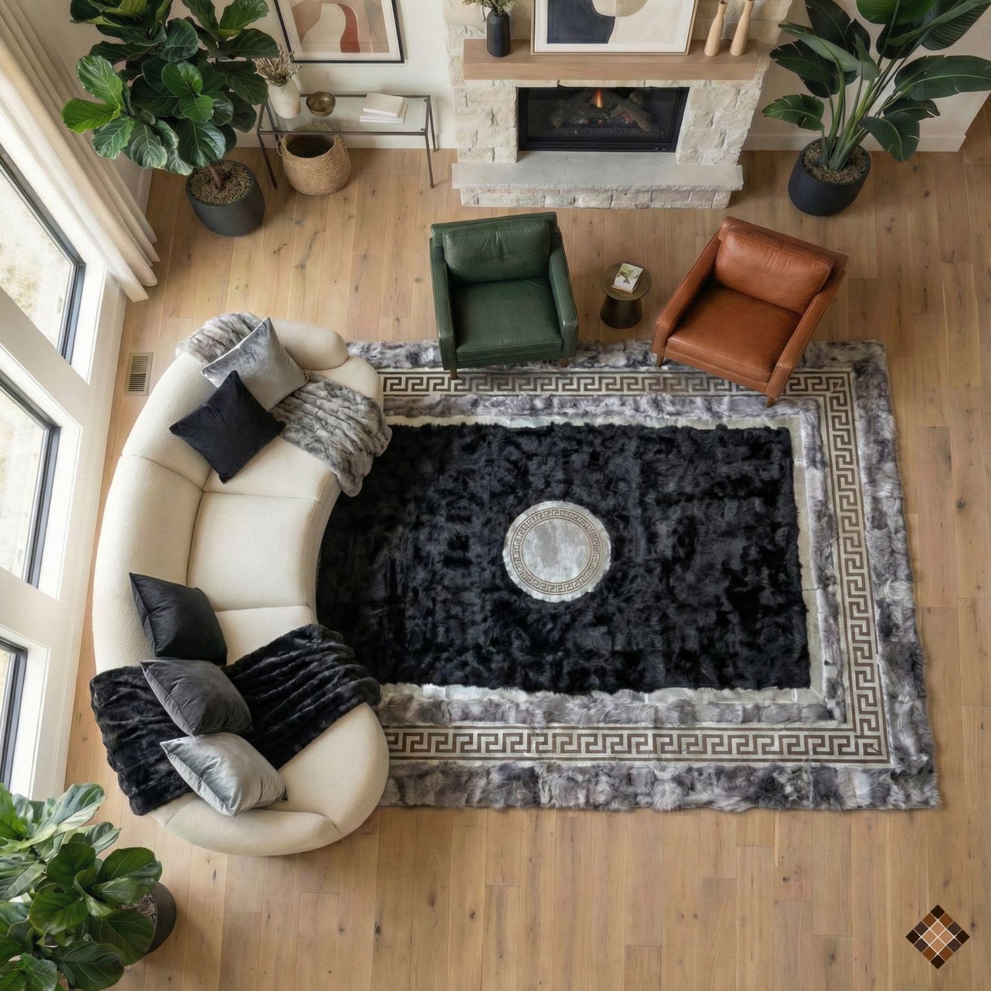Handmade Genuine Sheepskin Area Rug with Black Center and Silver Border