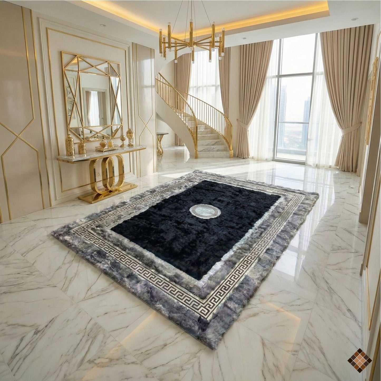 Handmade Genuine Sheepskin Area Rug with Black Center and Silver Border