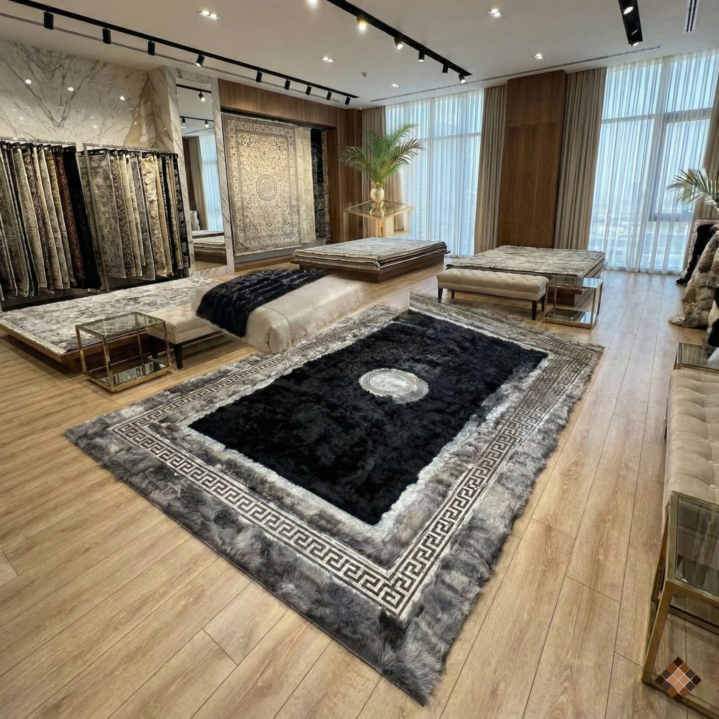 Handmade Genuine Sheepskin Area Rug with Black Center and Silver Border