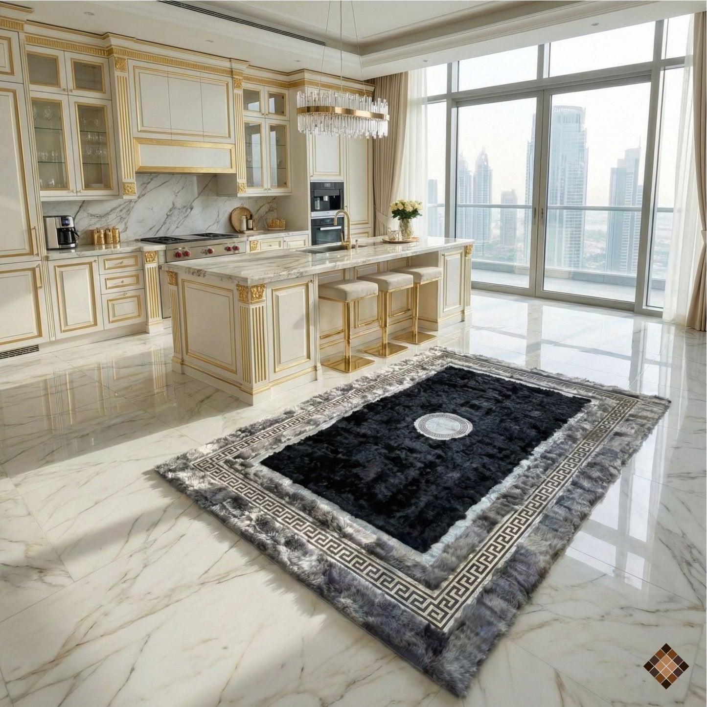 Handmade Genuine Sheepskin Area Rug with Black Center and Silver Border
