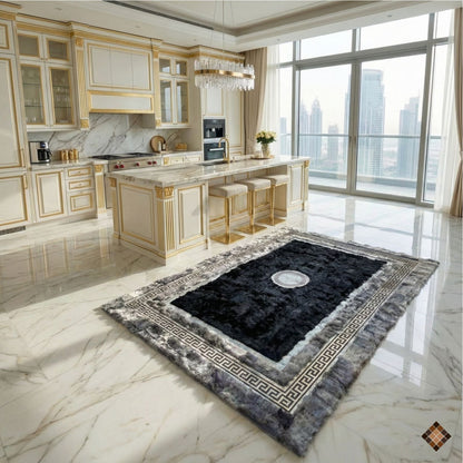 Handmade Genuine Sheepskin Area Rug with Black Center and Silver Border