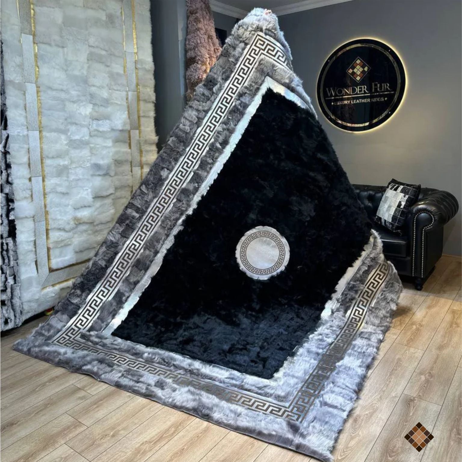 Handmade fluffy shaggy sheepskin rug with black center and silver border