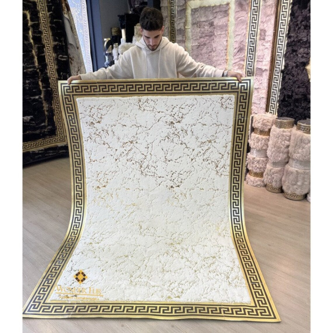 Handmade Luxury White And Gold Faux Fur Living Room Non Slip Carpet