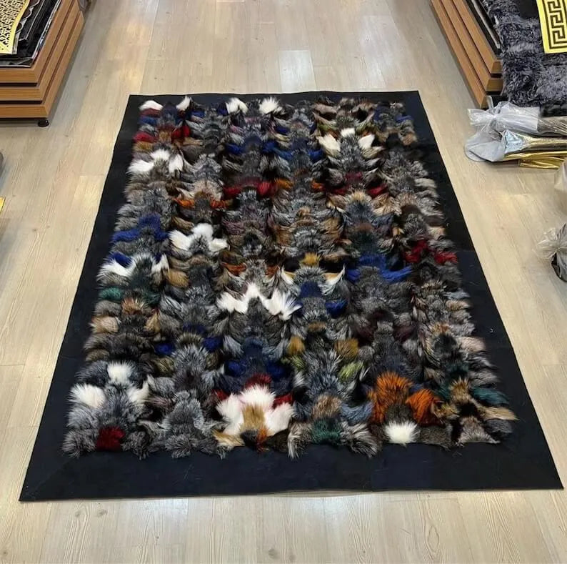 Multicolor Fox Fur Rug, Real Fox Patchwork Rug, Soft Fluffy Fluff Rug