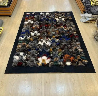 Multicolor Fox Fur Rug, Real Fox Patchwork Rug, Soft Fluffy Fluff Rug