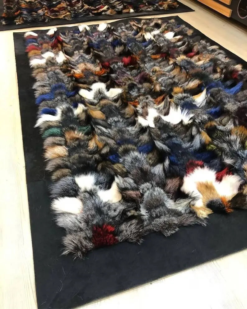 Multicolor Fox Fur Rug, Real Fox Patchwork Rug, Soft Fluffy Fluff Rug