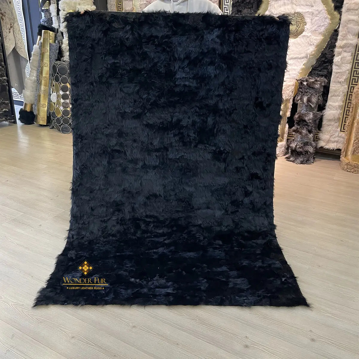 Handmade Natural Black Sheepskin Area Rug, 7x10 Home Decor Carpet