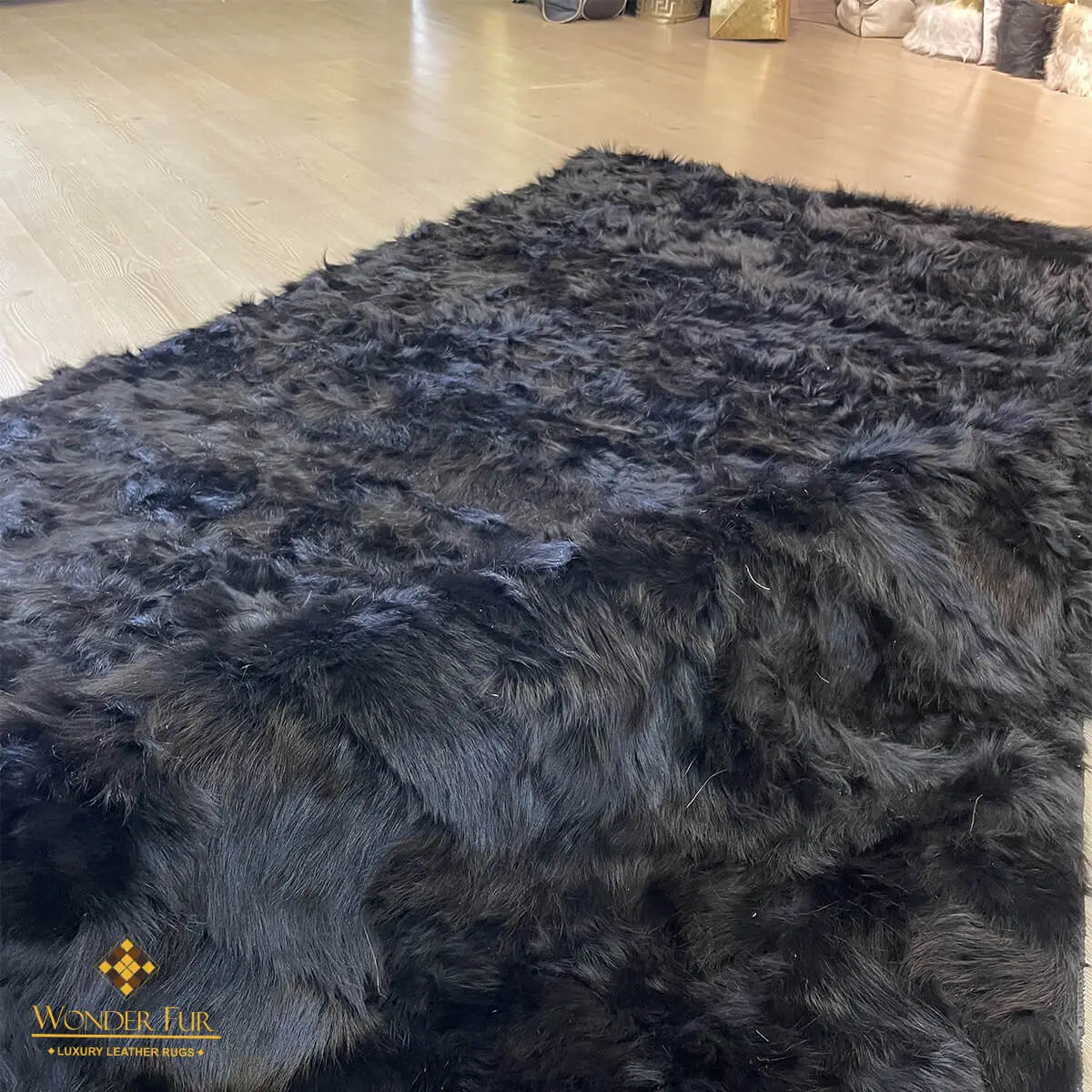 Handmade Natural Black Sheepskin Area Rug, 7x10 Home Decor Carpet