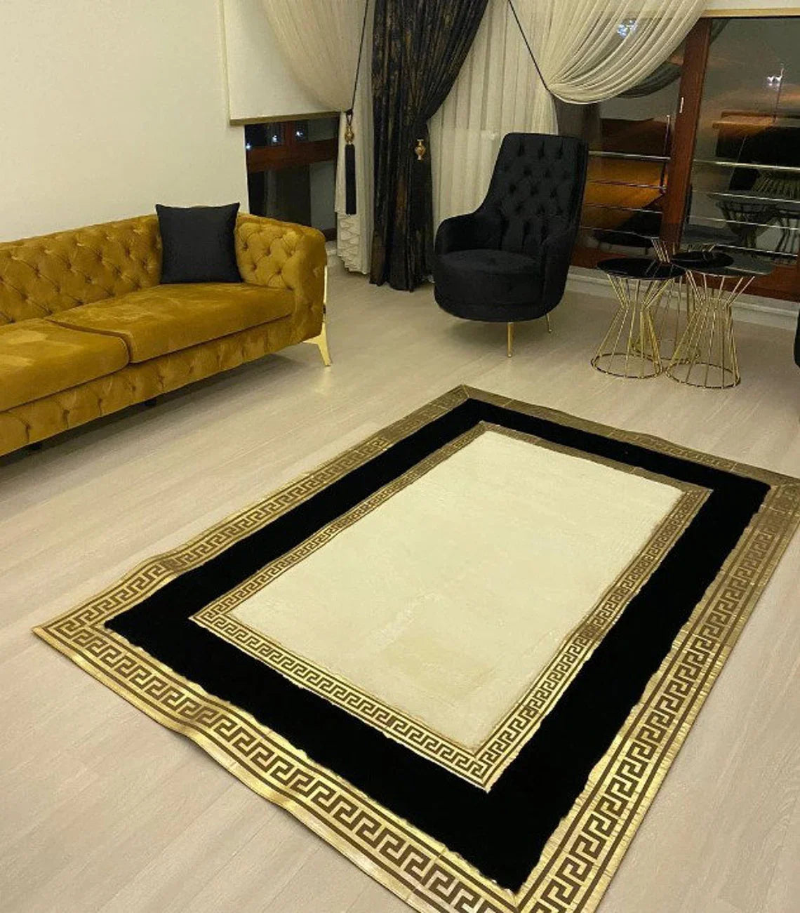 Handmade Plush Black White And Gold Faux Fur Living Room Soft Carpet