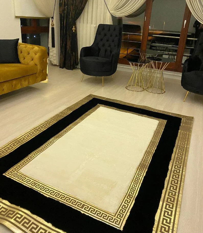 Handmade Plush Black White And Gold Faux Fur Living Room Soft Carpet