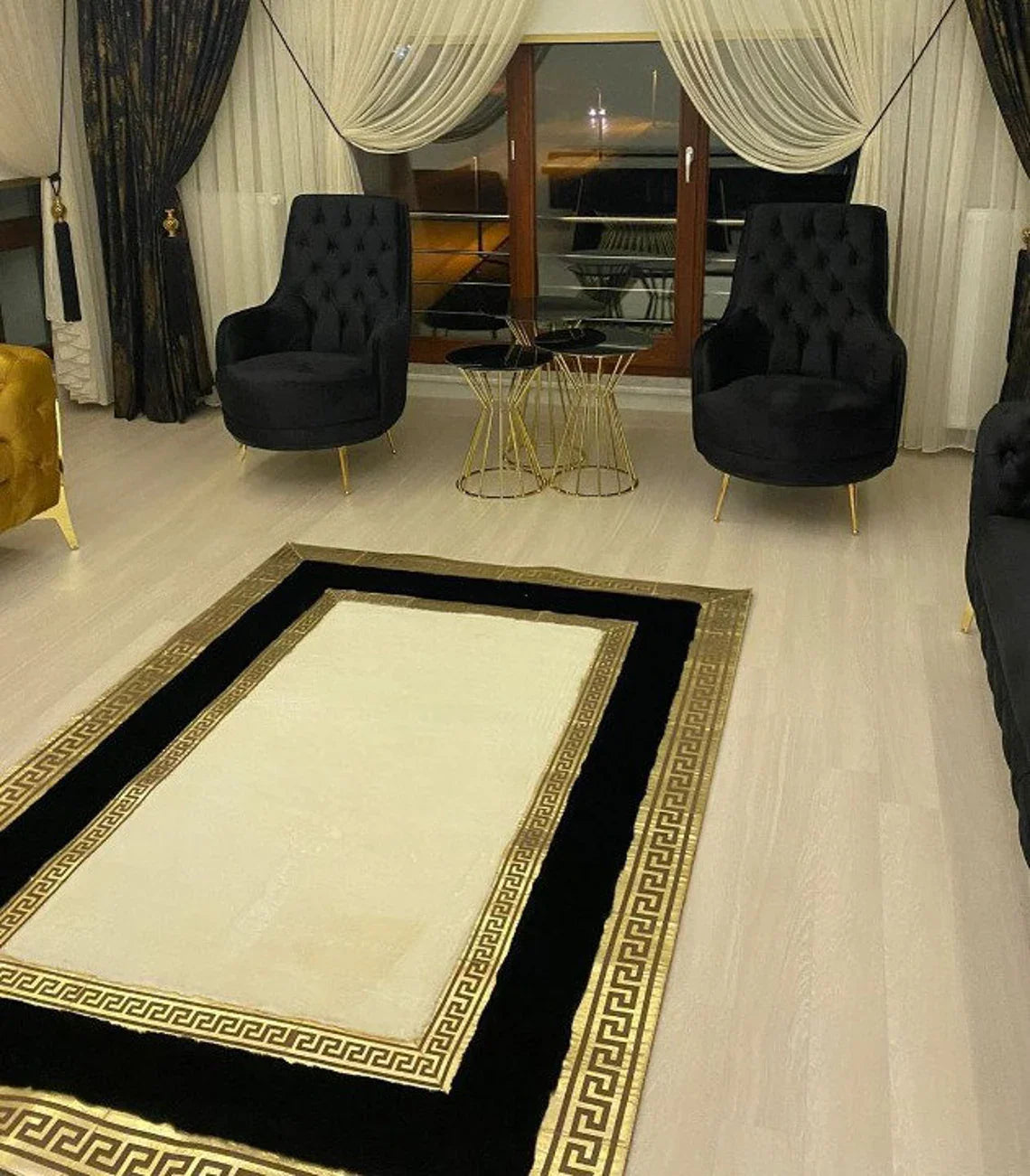 Handmade Plush Black White And Gold Faux Fur Living Room Soft Carpet