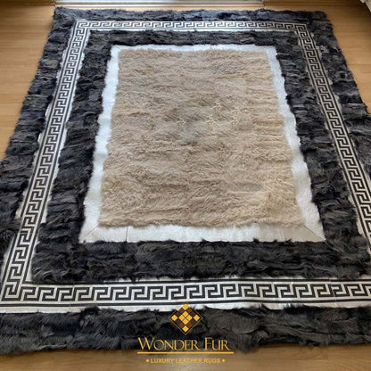 Luxury Beige & Charcoal Sheepskin Area Rug with Greek Key Border