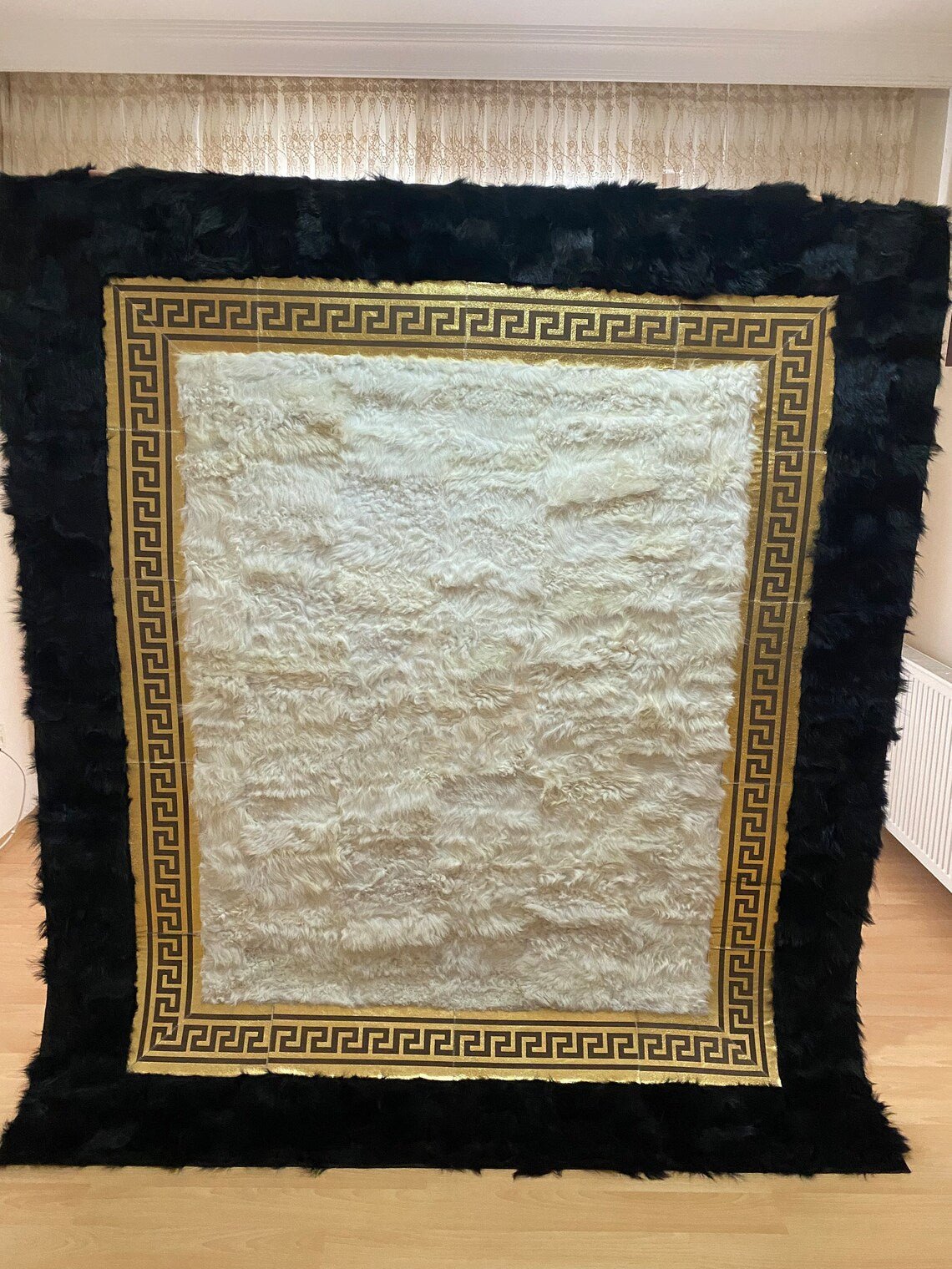 100% Natural Handmade Sheepskin Black Gold And White Living Room Rug - Wonder fur rug Rug Wonder Fur Rug Wonder fur rug