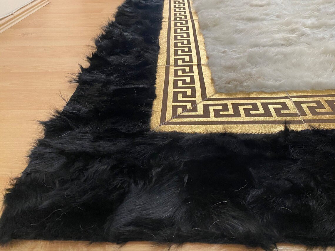 100% Natural Handmade Sheepskin Black Gold And White Living Room Rug - Wonder fur rug Rug Wonder Fur Rug Wonder fur rug