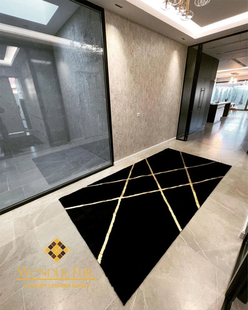 Handmade Unique Black And Gold Faux Fur Corridor Rug , Luxury Soft Rug