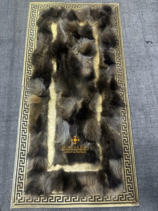 Handmade Unique Brown And Gold Real Fox Fur Runner Rug , Luxury Carpet