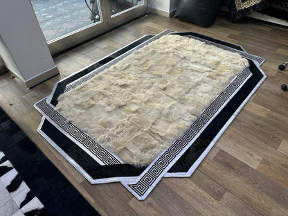 Handmade Black Beige Sheepskin Rug - Luxurious Living Room Decor