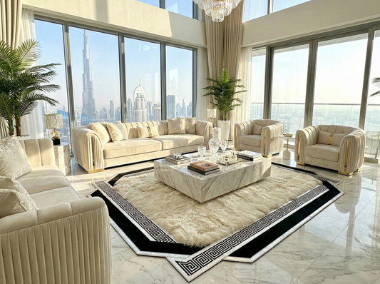 Black beige sheepskin rug in luxury living room with beige sofas and large windows