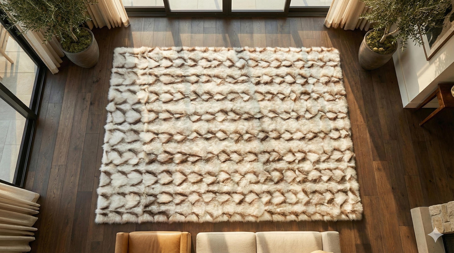 Luxury Handmade Ivory & Beige Fox Fur Area Rug