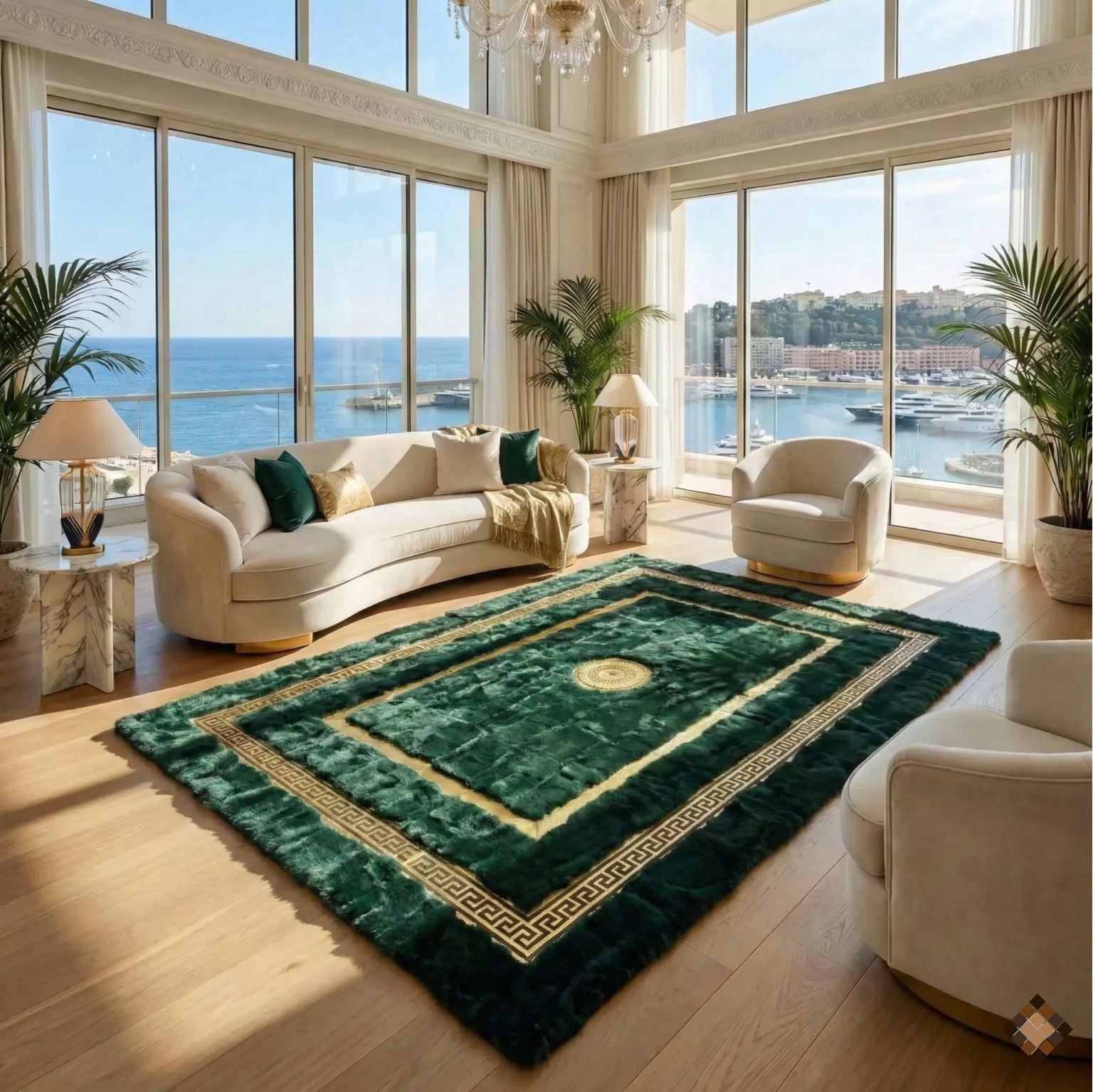 Handmade Deep Green Rabbit Fur Area Rug with Gold Border