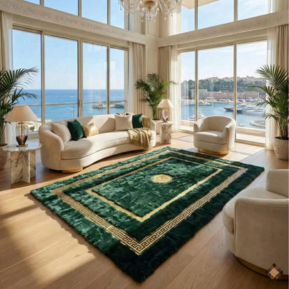 Handmade Deep Green Rabbit Fur Area Rug with Gold Border