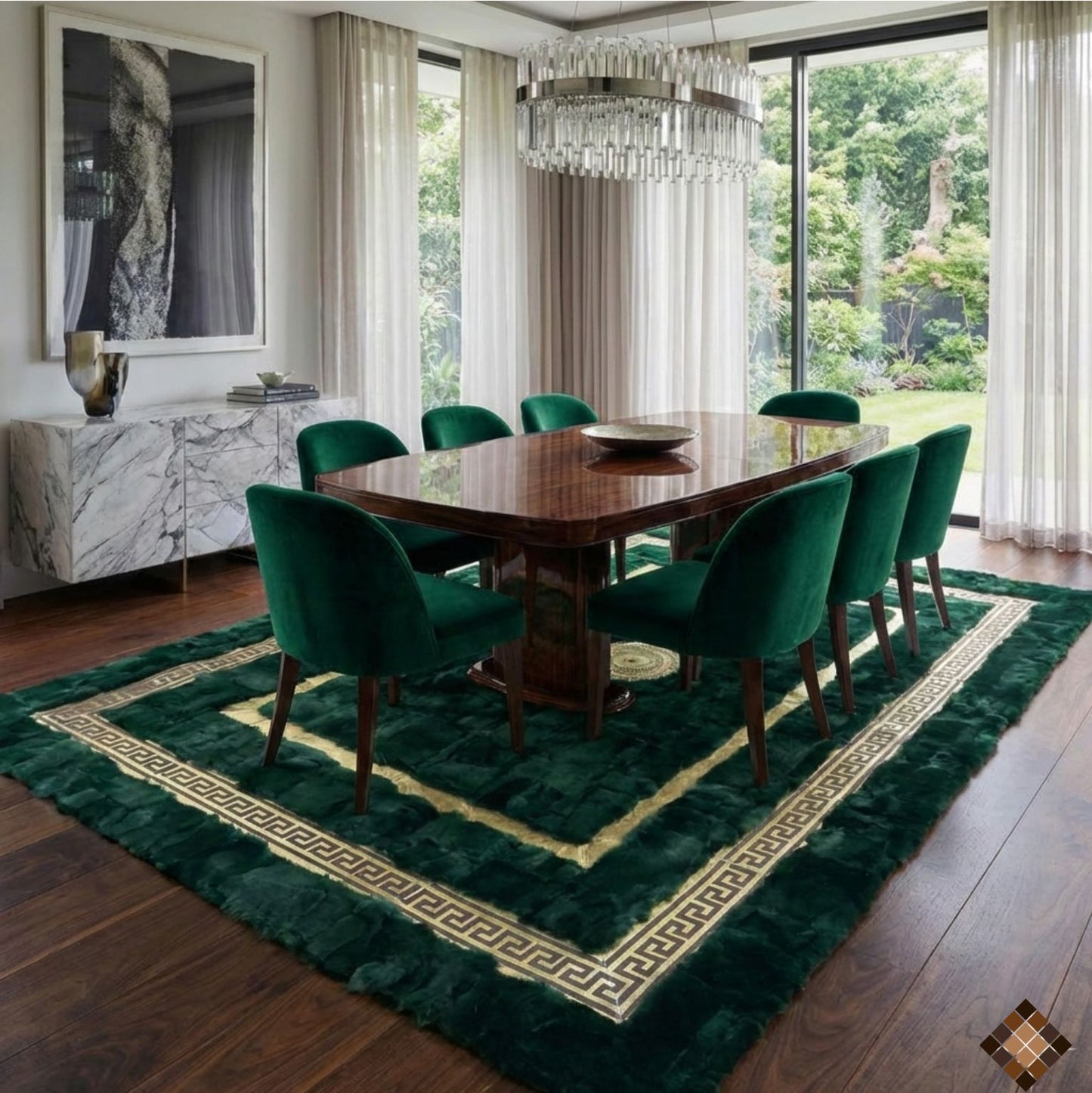 Handmade Deep Green Rabbit Fur Area Rug with Gold Border