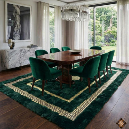 Handmade Deep Green Rabbit Fur Area Rug with Gold Border