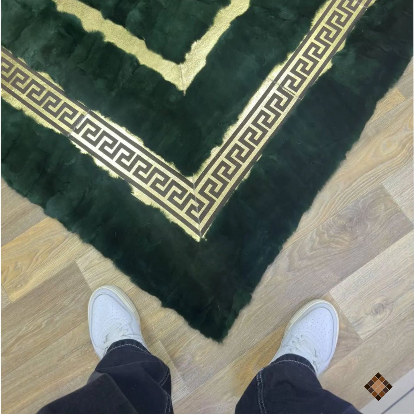 Handmade Deep Green Rabbit Fur Area Rug with Gold Border