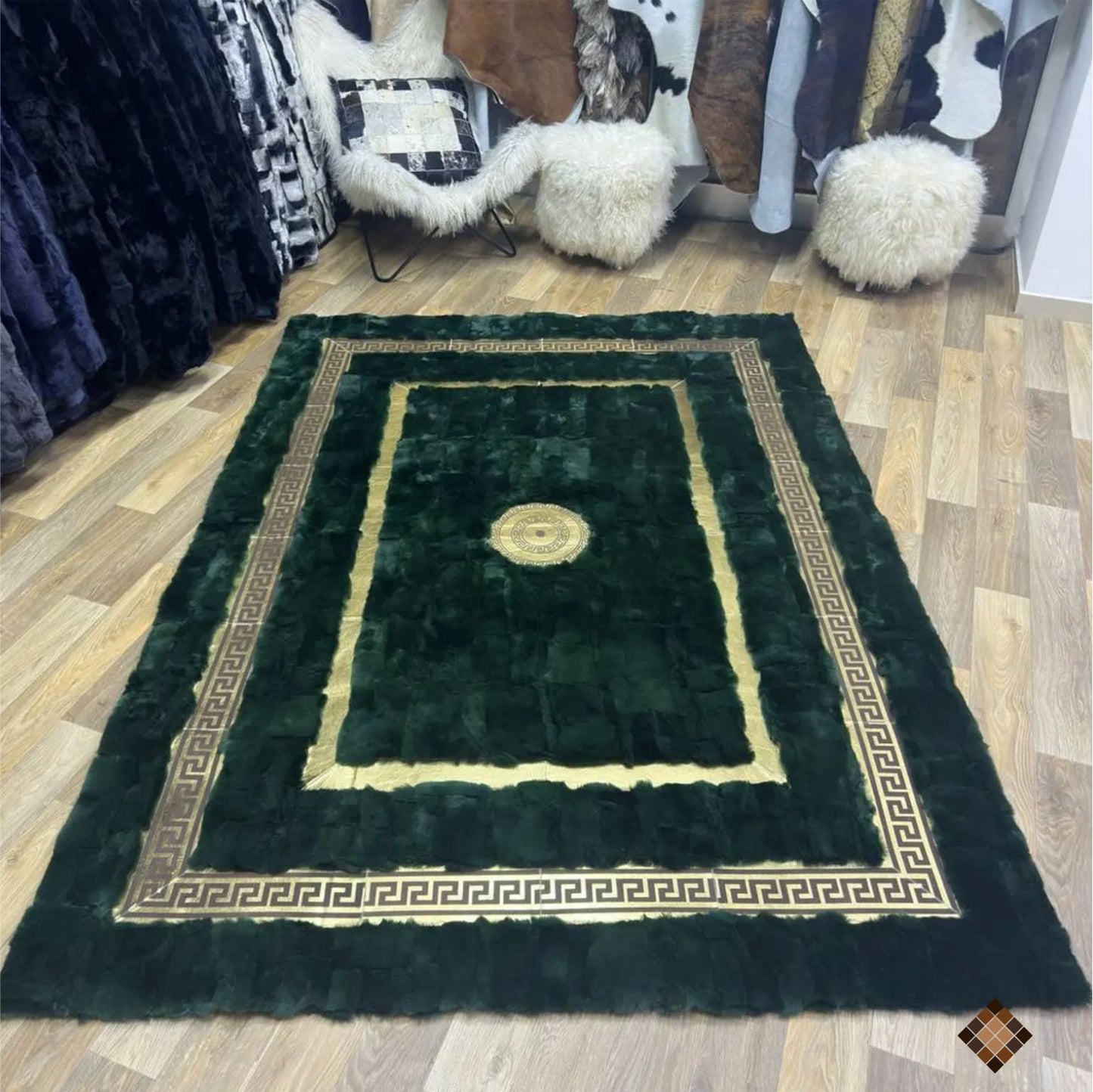Handmade Deep Green Rabbit Fur Area Rug with Gold Border