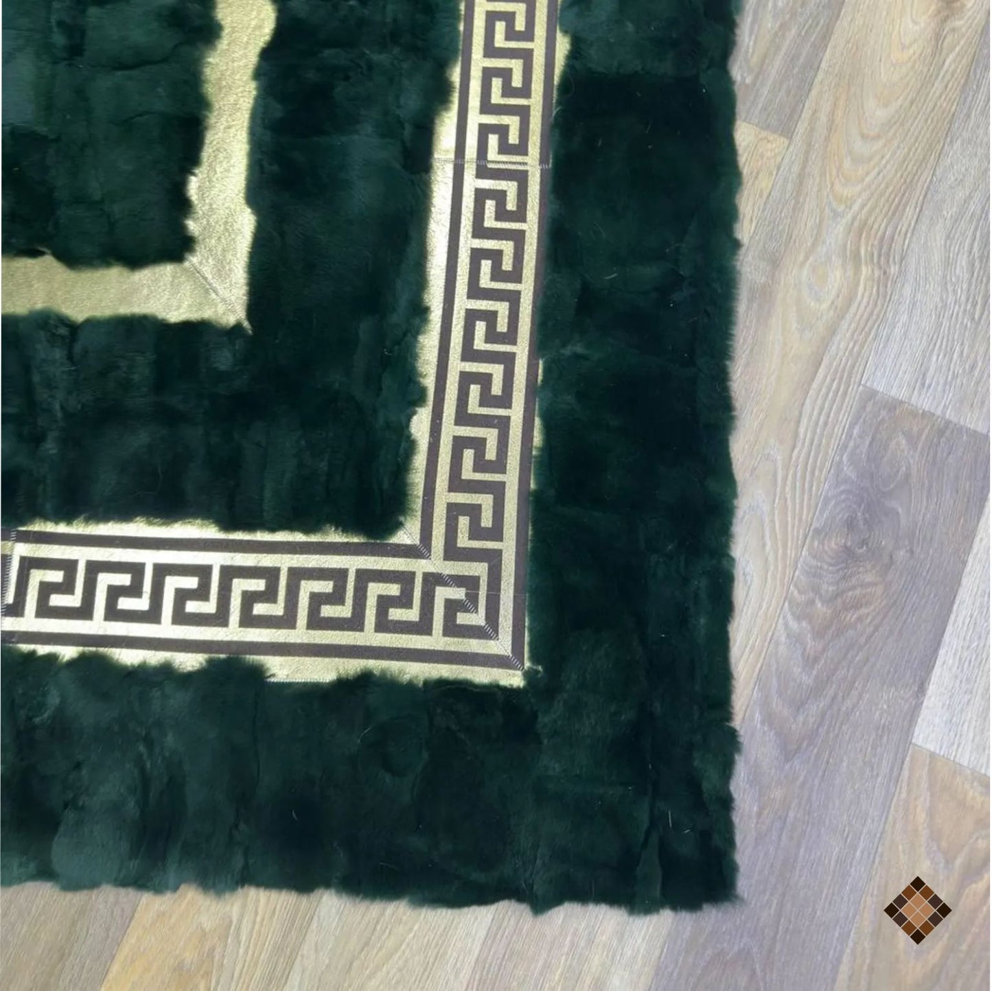 Handmade Deep Green Rabbit Fur Area Rug with Gold Border