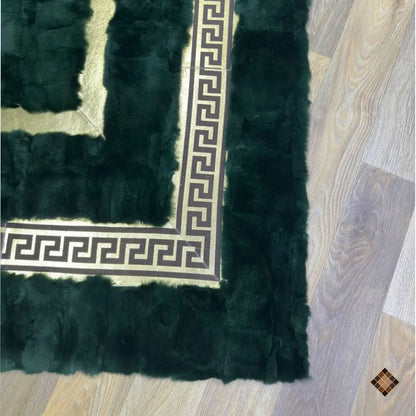 Handmade Deep Green Rabbit Fur Area Rug with Gold Border