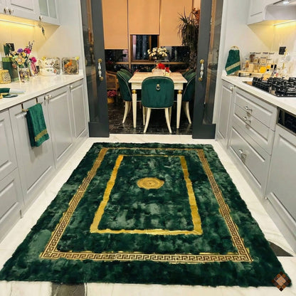 Handmade Deep Green Rabbit Fur Area Rug with Gold Border