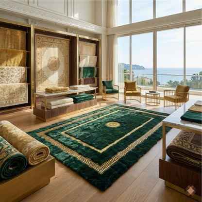 Handmade Deep Green Rabbit Fur Area Rug with Gold Border