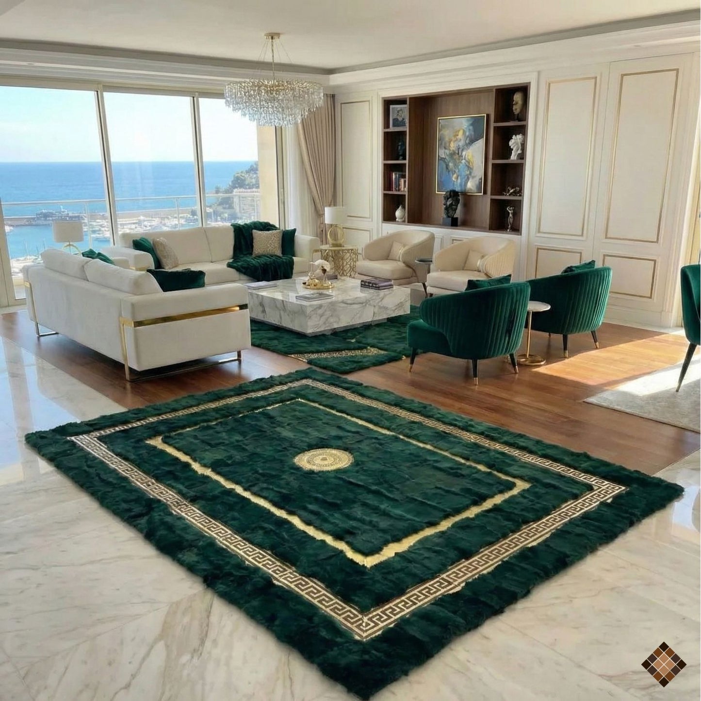 Handmade Deep Green Rabbit Fur Area Rug with Gold Border